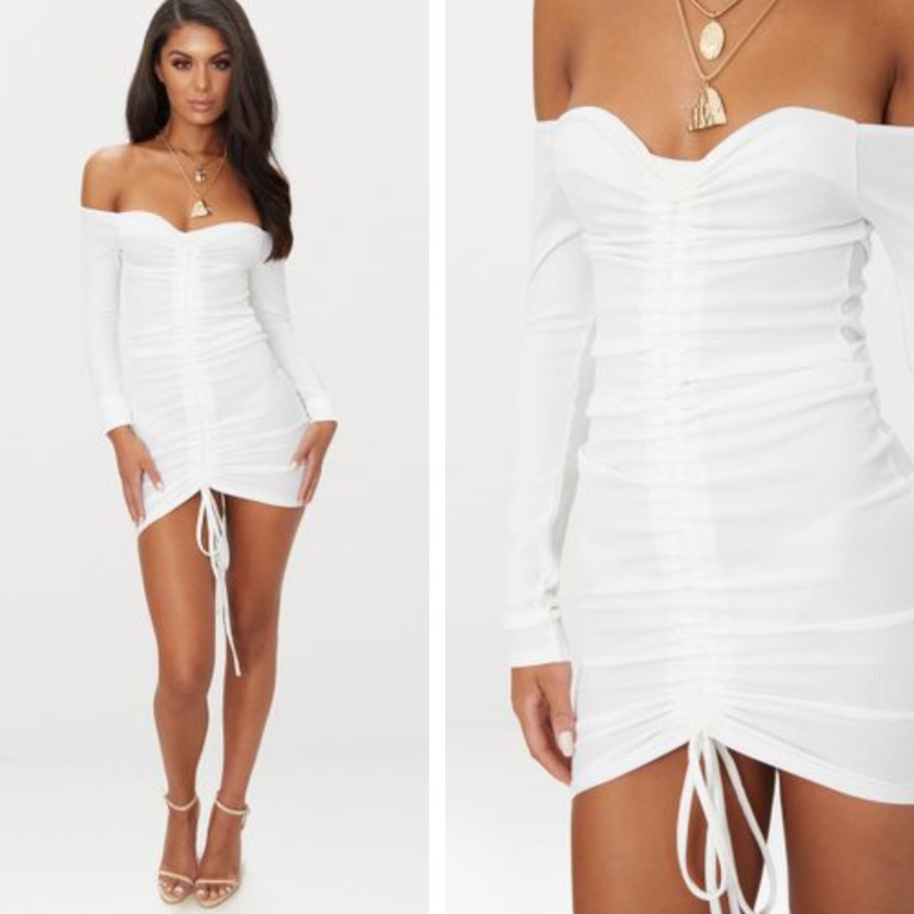 White Ribbed Long Sleeve Bodycon Dress